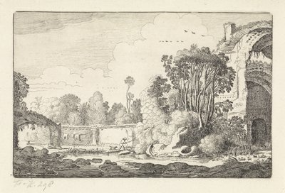 Man met een hond bij een ruïne door Jan van de Velde (II)