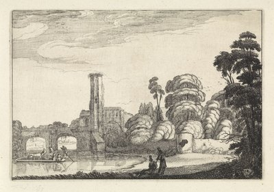Pont bij een brug en een ruïne (Landschappen, Amenissimae aliquot requculae) door Jan van de Velde (II)