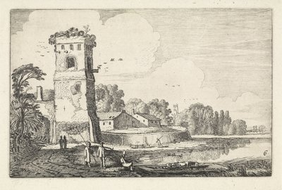 Pont met schapen bij een toren in een rivierlandschap door Jan van de Velde (II)