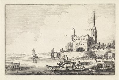 Pont met vee bij een fort in een rivierlandschap (Landschappen / Amenissimae aliquot requculae) door Jan van de Velde (II)