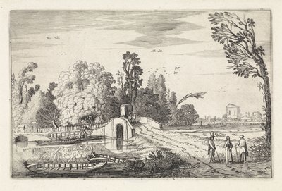 Rivierlandschap met een stenen brug (Landschappen, Amenissimae aliquot requculae) door Jan van de Velde (II)