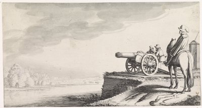 Ruiter en twee soldaten bij een kanon op een rivieroever Playsante lantschappen ende vermakelycke gesichten (series title) door Jan van de Velde (II)