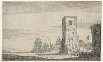 Ruïne van een toren in een landschap door Jan van de Velde (II)