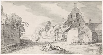 Rustende boeren langs een weg in een dorp door Jan van de Velde (II)
