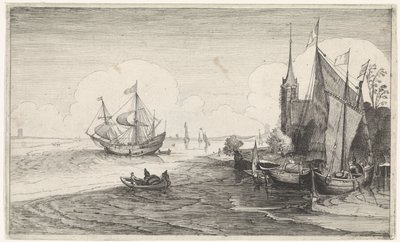 Schepen voor en kust bij een kerk door Jan van de Velde (II)