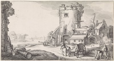 Soldaten bij een toren in een rivierlandschap (Playsante lantschappen ende vermakelycke gesichten) door Jan van de Velde (II)