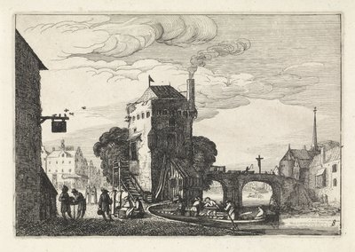 Stadsgezicht met een brug over een rivier door Jan van de Velde (II)