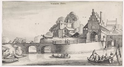 Stadspoort met brug over het water door Jan van de Velde (II)