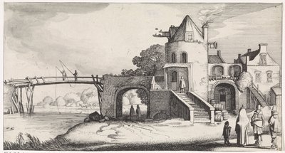 Tolhuis met houten brug over de rivier door Jan van de Velde (II)