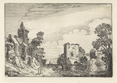 Toren en een kerk in een landschap (Amenissimae aliquot requculae, Landschappen) door Jan van de Velde (II)