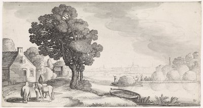 Transport van hooi op een rivier met Haarlem in de verte door Jan van de Velde (II)