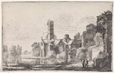 Twee monniken bij een abdij in een rivierlandschap (Rivierlandschappen) door Jan van de Velde (II)