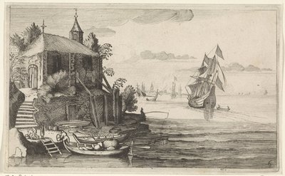 Tweemaster bij een kust met een kapel door Jan van de Velde (II)