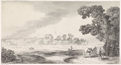 Weidelandschap met plassende man door Jan van de Velde (II)