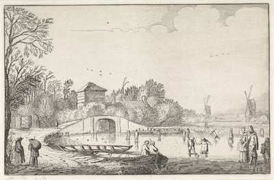Winterlandschap met schaatsers bij een brug door Jan van de Velde (II)