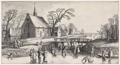 Winterlandschap met schaatsers bij een dorp door Jan van de Velde (II)