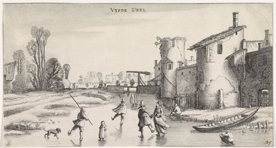 Winterlandschap met schaatsers bij een stadsmuur door Jan van de Velde (II)