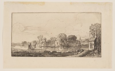 Een kapelletje bij een vijver, uit Zes landschappen door Jan van de Velde II