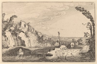 Waterval onder een stenen brug door Jan van de Velde II