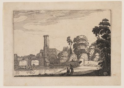 Veerboot voor een stenen brug door Jan van de Velde II