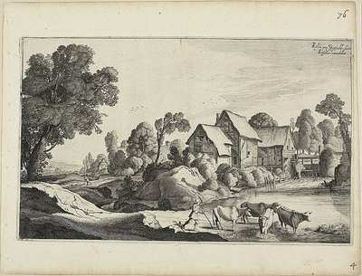 Kudde vee bij een watermolen door Jan van de Velde II