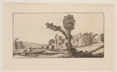 Landschap met jagers en hooiwagens, uit Zes landschappen door Jan van de Velde II