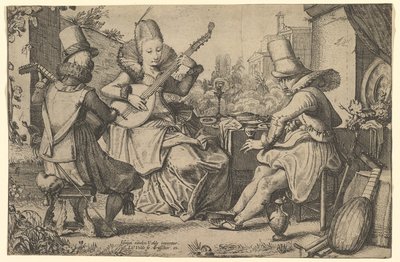 Twee elegant geklede mannen en een vrouw in een tuin, 1613-41 door Jan van de Velde II