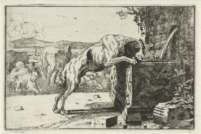 Hond bij een fontein door Jan van den Hecke