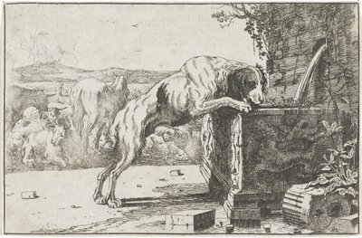 Hond bij een fontein door Jan van den Hecke