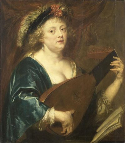 Frans:  Femme jouant du luth Portret van een vrouw die op een luit speelt door Jan van den Hoecke