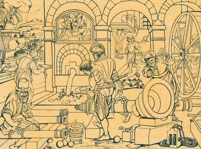 Kanon gieterij, tekening uit Nova Reperta door Jan van der (1523 1605) Straet