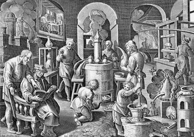 Distillatie: In igne succus omnium, arte, corporum, Vigens fit unda, limpida en potissima. 16e-eeuwse gravure door Jan van der Straet, over de verschillende stadia van distillatie. door Jan van der Straet