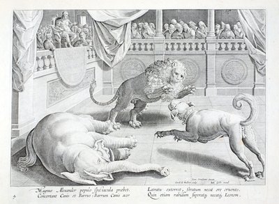 Alexander de Grote geeft een spektakel, een leeuw, hond en olifant vechten, illustratie uit 