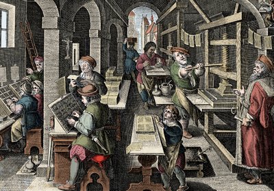 Drukkerij, ca. 1600 - Nederland, Drukkerij: links gebruiken de karakters karakters, de verschillende stadia van de voorbereiding van de druk onder toezicht van een meesterdrukker - Gravure uit 