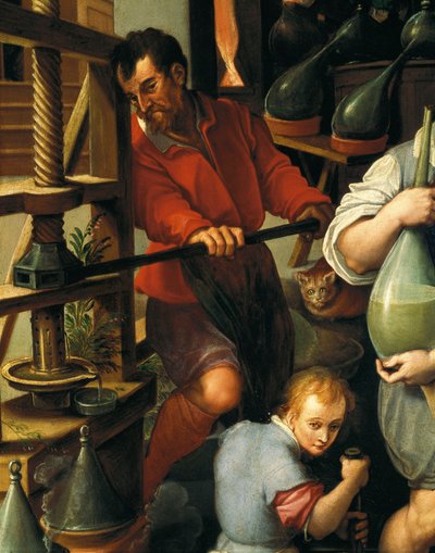 Het laboratorium van de alchemist (detail) door Jan van der Straet