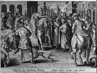 De monniken overhandigden zijderupsen aan de Byzantijnse keizer Justinianus I (483-565). De keizer zal zo de zijdehandel beginnen. Gravure door Giovanni Stradano (Jan Van Der Straet) (Johannes Stradanus) (1523-1605) 17e eeuw door Jan van der Straet