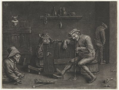 Interieur met urinerende man, brakende man, een dwerg en een bedelaar door Jan van der Bruggen