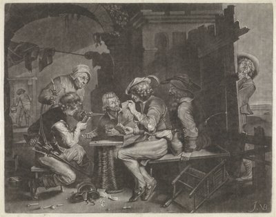 Kaartspelers en een plassende man door Jan van der Bruggen