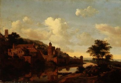 Een versterkte stad boven een rivier door Jan van der Heyden