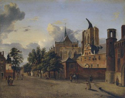 Een Straat in Keulen met de Onvoltooide Kathedraal in het Midden door Jan van der Heyden