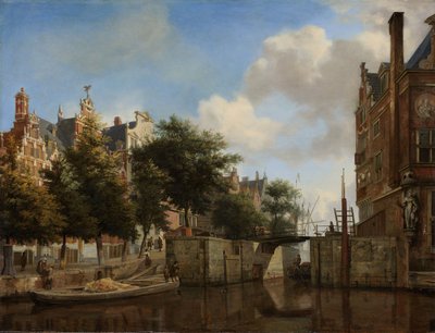 Stadsgezicht van Amsterdam met huizen aan de Herengracht en de oude Haarlemmersluis, c.1670 door Jan van der Heyden