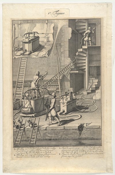 Oude brandspuiten en nieuwe slangbrandspuiten door Jan van der Heyden