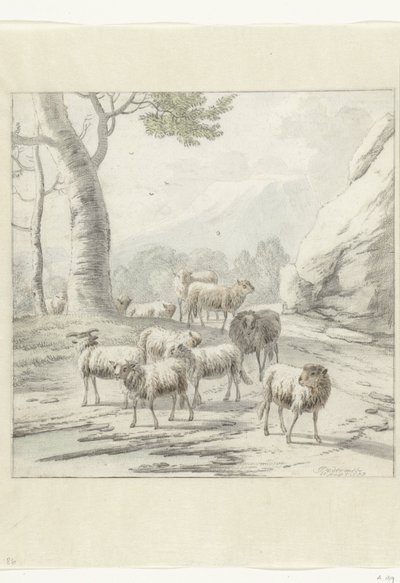 Landschap met een kudde schapen bij een boom door Jan van der Meer (II)