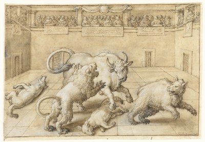 Gevecht in een arena tussen een stier, leeuw, beer en twee wolven door Jan van der Straet