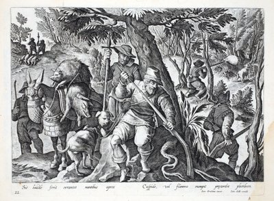 Jagers gebruiken speren of geweren geladen met lood om bergzwijnen te jagen, illustratie uit 