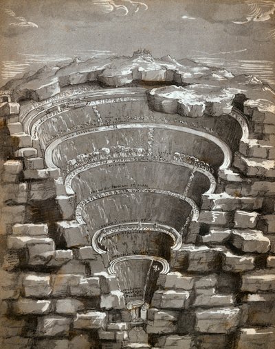 Kaart van de Hel, illustratie uit Dantes Inferno, 1587 door Jan van der Straet