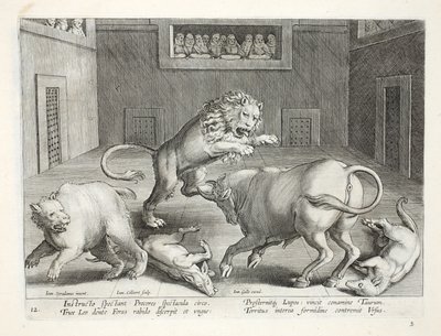 Edelmannen kijken naar gevechten van wilde dieren in een binnencircus, illustratie uit 
