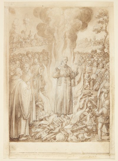 S. Giovanni Alberti Fiorentinos verhaal. Abt Petrus bewijst door de vuurproef dat de bisschop van Florence een ketter en simonist is door Jan van der Straet