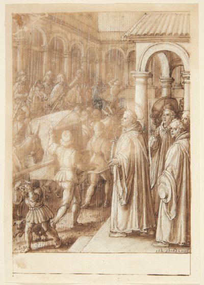 S. Giovanni Alberti Fiorentinos geschiedenis. De heilige beschuldigt op het plein de bisschoppen van Florence van simonie(?) door Jan van der Straet