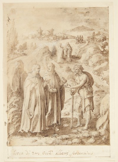 S. Giovanni Alberti Fiorentinos verhaal. De heilige en de begeleidende monnik geven een bedelaar hun laatste brood door Jan van der Straet